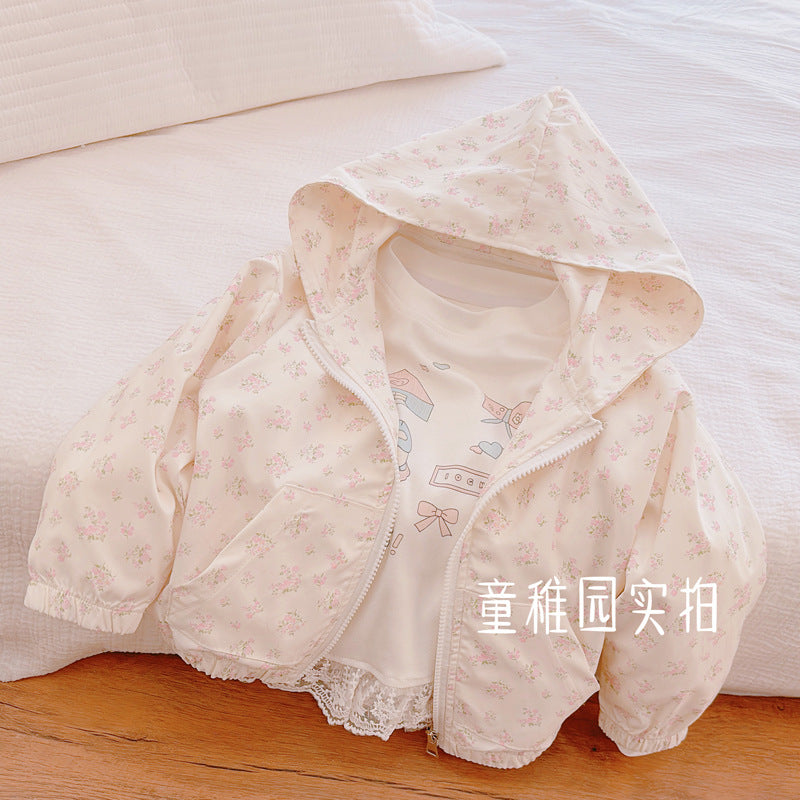 spring/autumn girls' zip-up jacket - white floral hooded outerwear - trendy and stylish baby girl's coat - cute