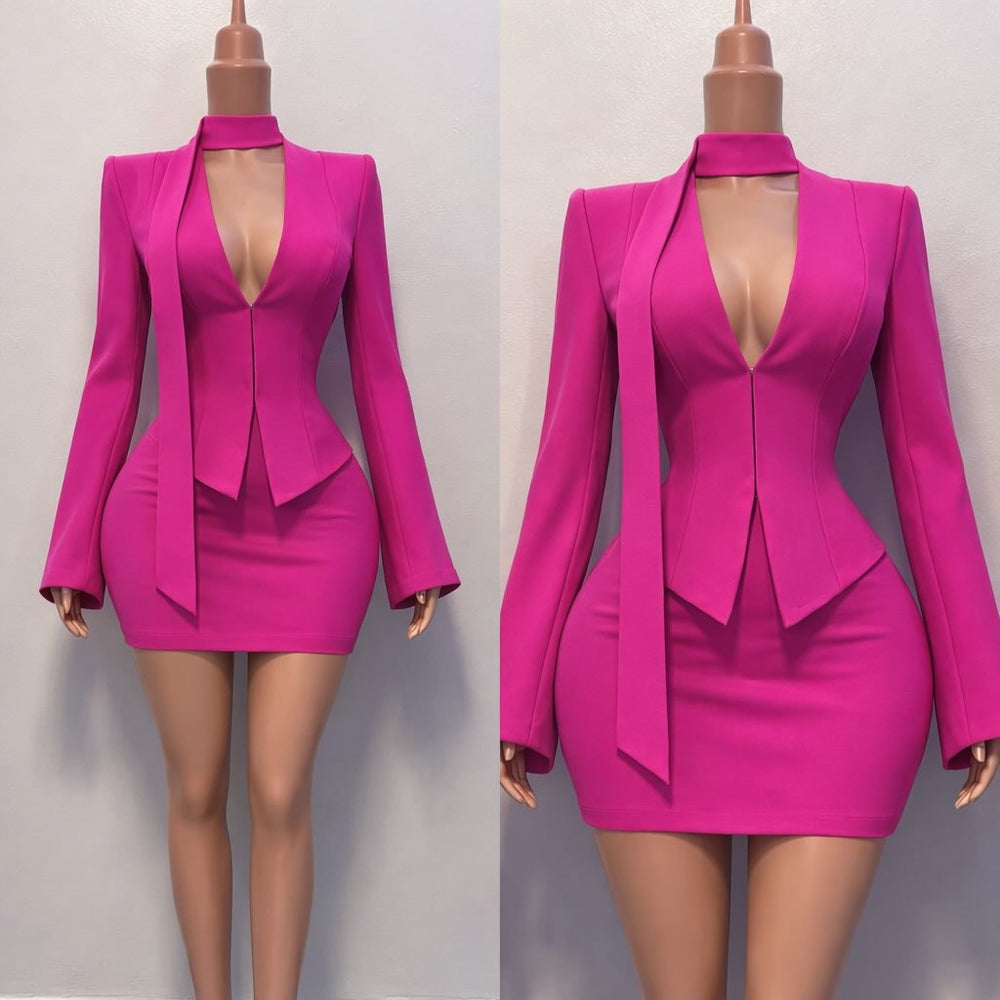 European and american cross-border women's fashion  summer new arrival: elegant solid color choker blazer top and bodycon midi skirt set