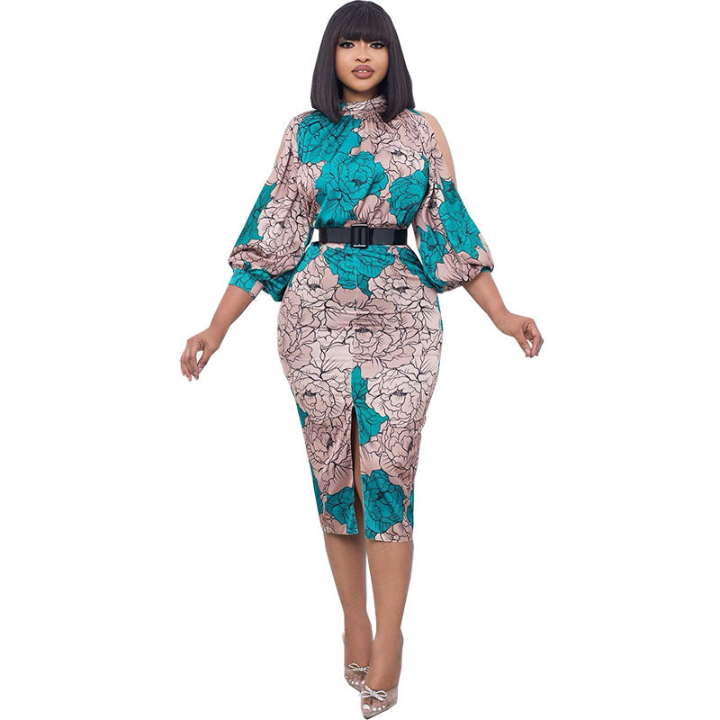 fashion african women's digital printing long sleeves waist bag hip professional style fashion dress special price