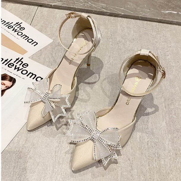 2025 summer new bow buckle high heels women's european and american celebrity stiletto pumps outer wear shallow mouth fashion women's shoes