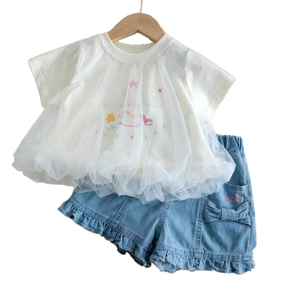 Girls'  new cartoon short-sleeve summer outfit: cute and stylish baby girl set - versatile casual top and trendy shorts