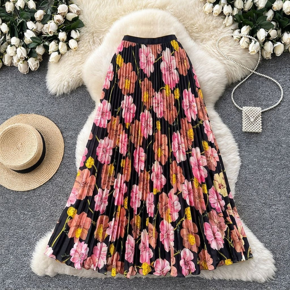Vintage print pleated elastic waist fashion skirt - women's high-waisted a-line skirt - commute-friendly, flowy maxi skirt for summer