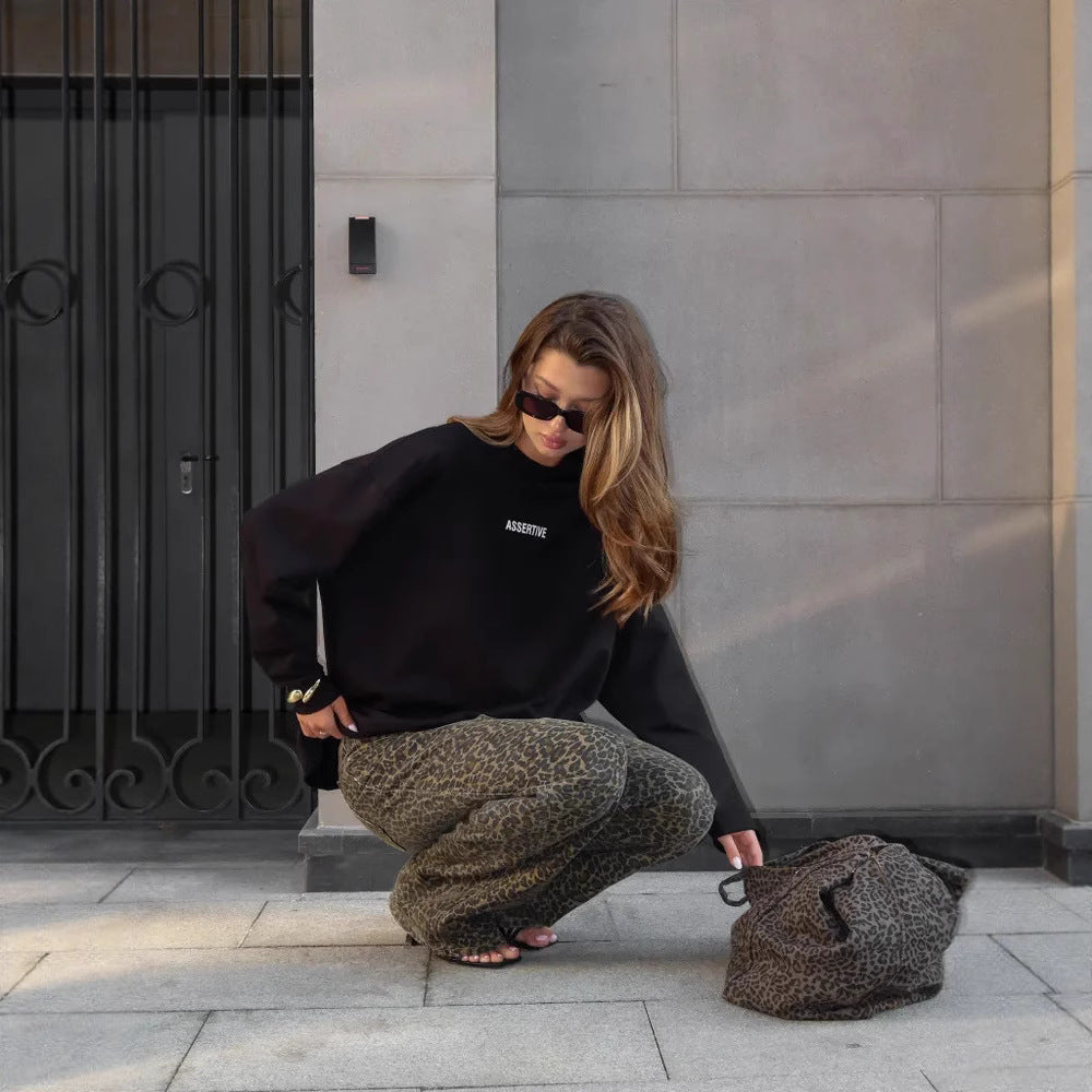 European and American  women's clothing spring and summer loose solid color Oversize round neck long-sleeved casual T-shirt fashion sweater