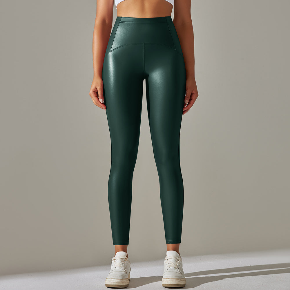 Clearance high waist hip belt t-line tights brushed pu plus size leather pants yoga fitness casual sports bottom pants