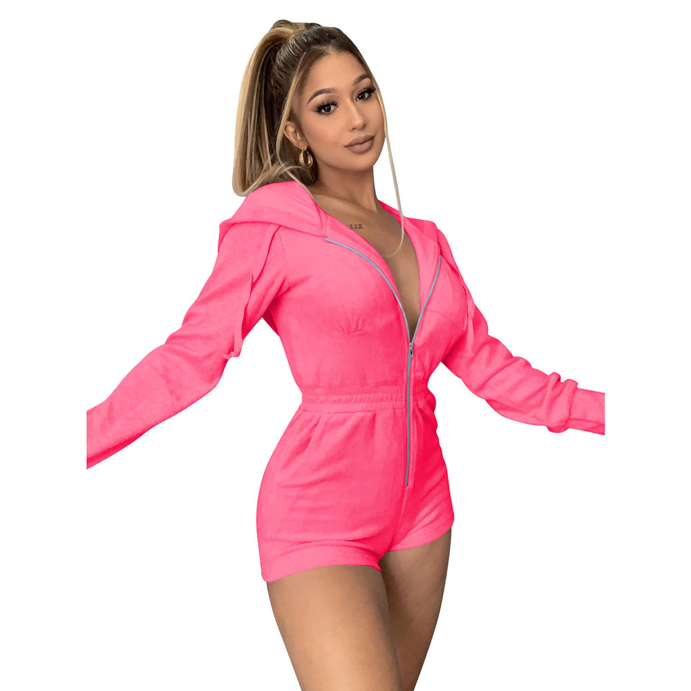 C3675 in stock    fashion women's activewear jumpsuit zip-up hooded sweatshirt