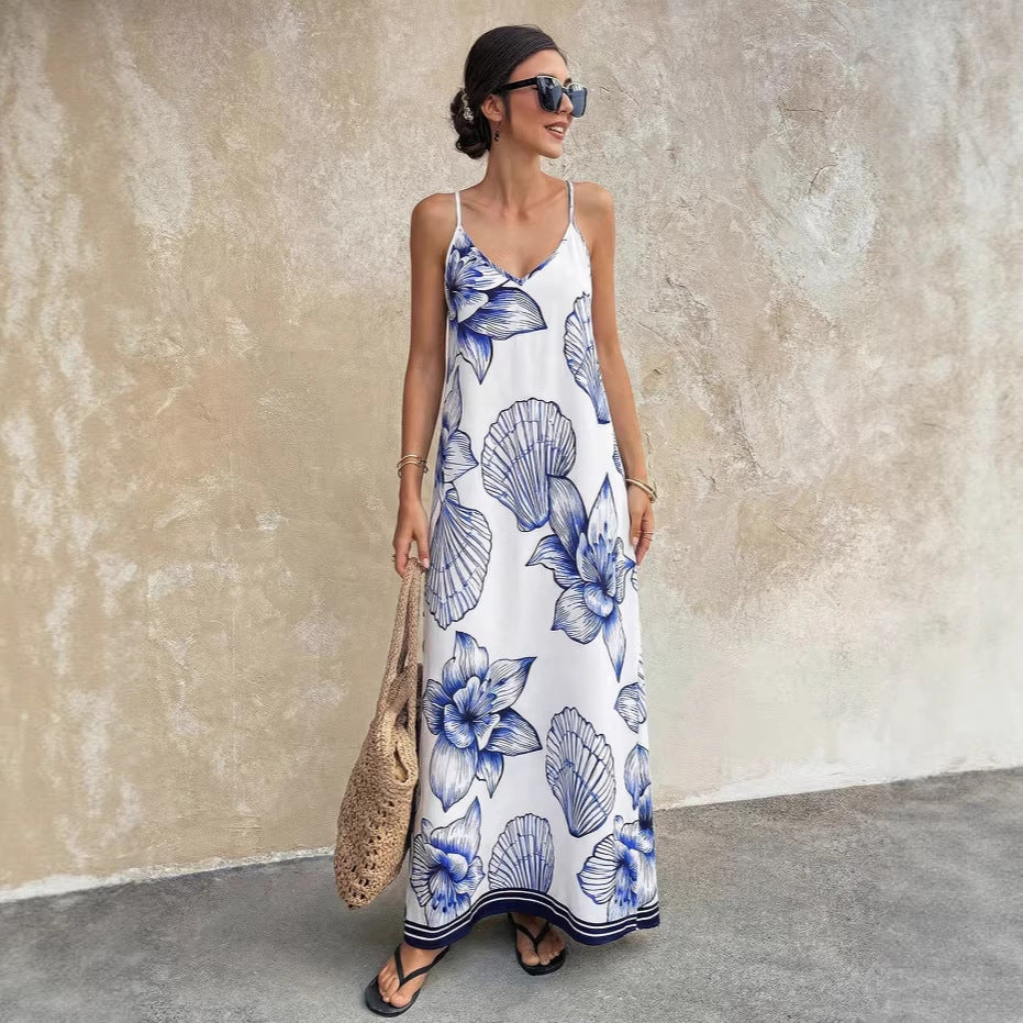 Amazon's new white bottom blue large flower suspender dress with beaded edge design, vest a-line long skirt