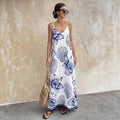Amazon's new white bottom blue large flower suspender dress with beaded edge design, vest a-line long skirt