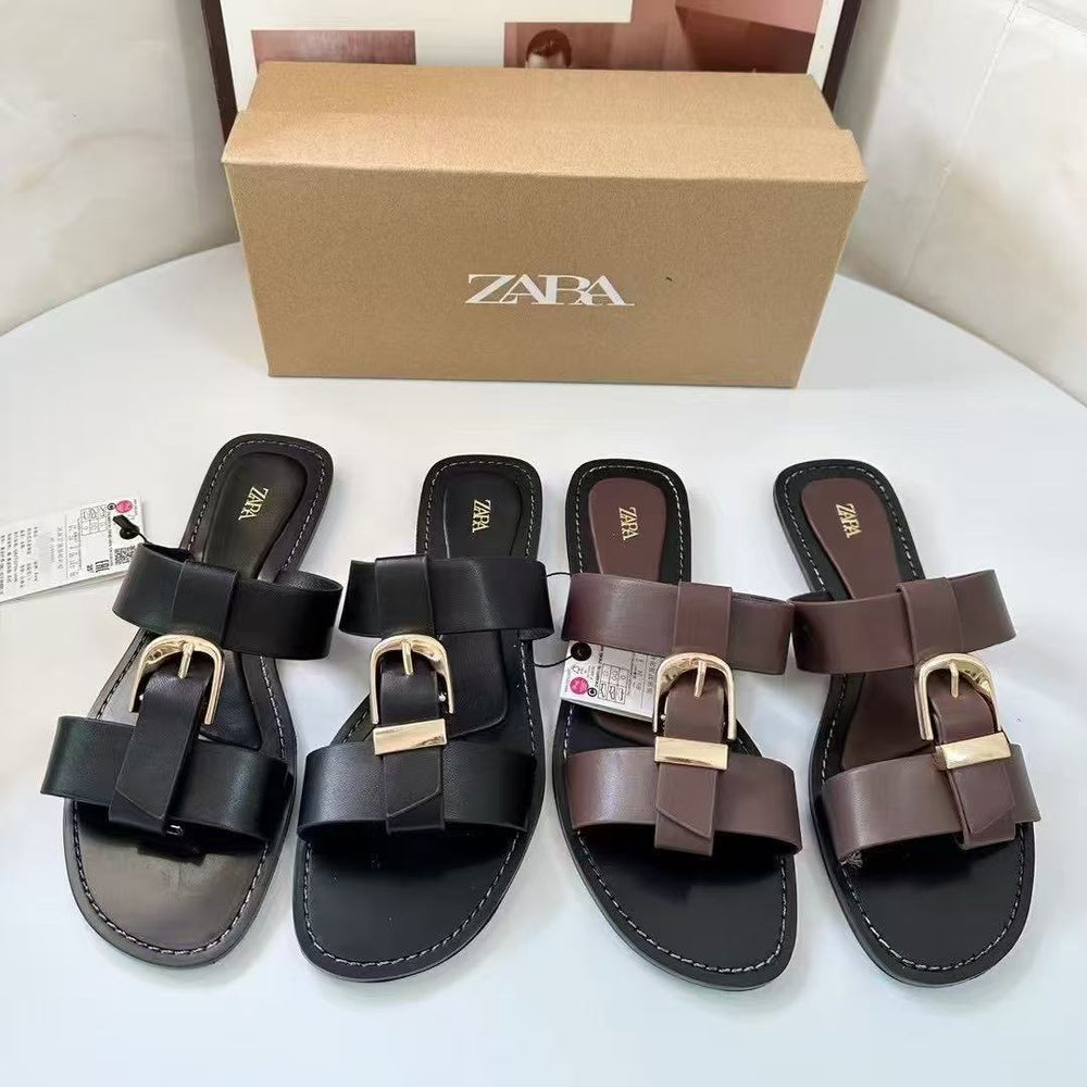 Za2025 summer new round toe thong sandals with buckle, european and american style, versatile everyday beach sandals for women