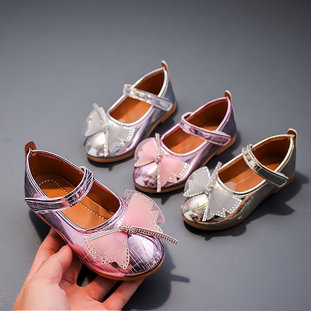 Girls'  spring bowknot soft-soled princess leather shoes for mid-to-large children - wholesale from manufacturer, velcro closure, korean style kids' shoes