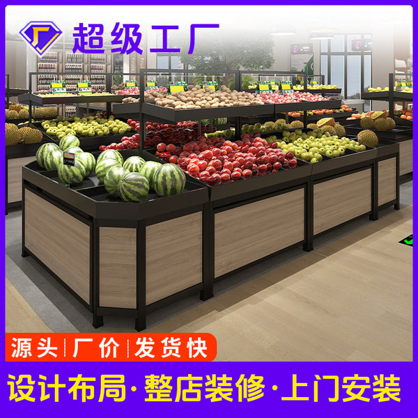 Yonghui matte black fruit store vegetable shelf gray wood grain shelf display rack fresh supermarket display rack