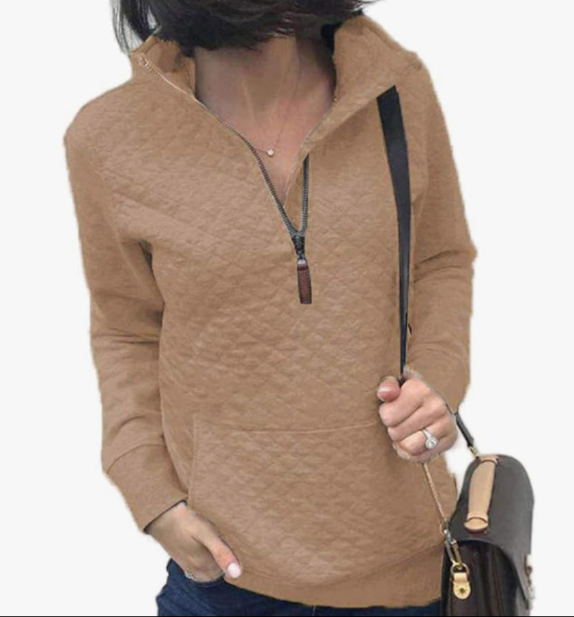 cross-border spring/autumn european and american zip-up pullover quilted sweatshirt knitted long sleeve mock neck pullover with pockets pol