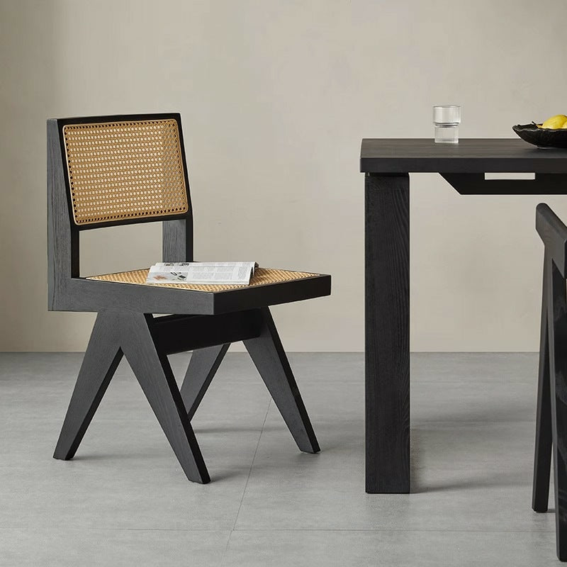 Chandigarh Chair Wabi Solid Wood Dining Chair Rattan with Armrests Black Ash Home