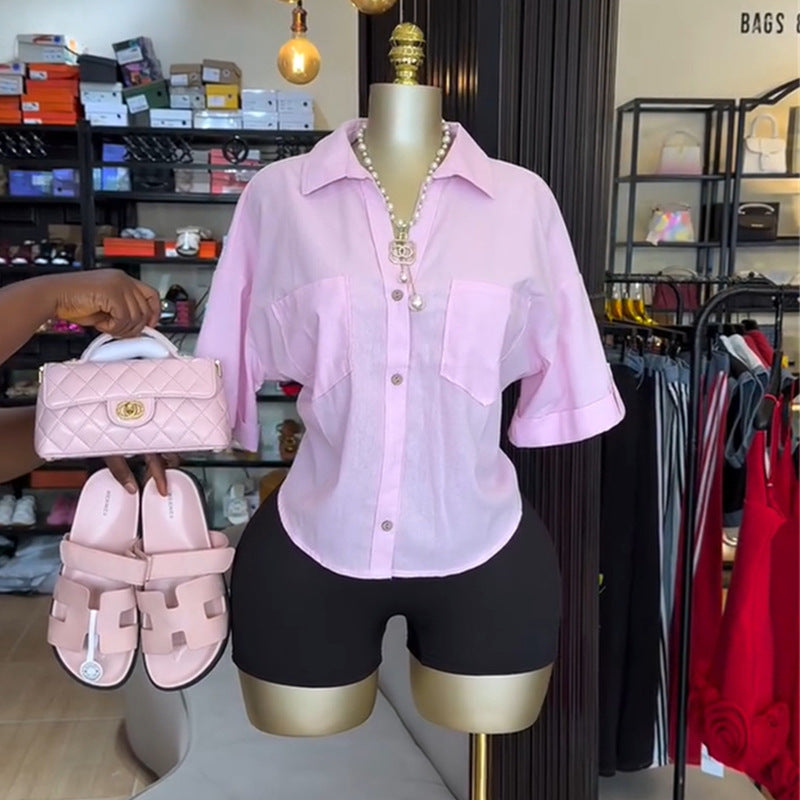 European and american cross-border women's fashion:  autumn new arrival - elegant turn-down collar, solid color, pocket, button-down, designer short-sleeve shirt