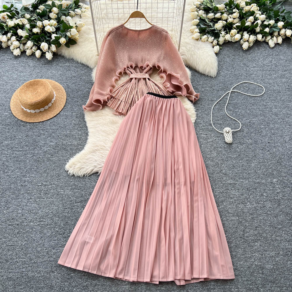 Sense of design stereo flower fungus edge patchworklong sleeves waist tops women's high waist pleated skirt miyake suit