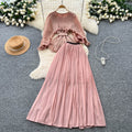 Sense of design stereo flower fungus edge patchworklong sleeves waist tops women's high waist pleated skirt miyake suit