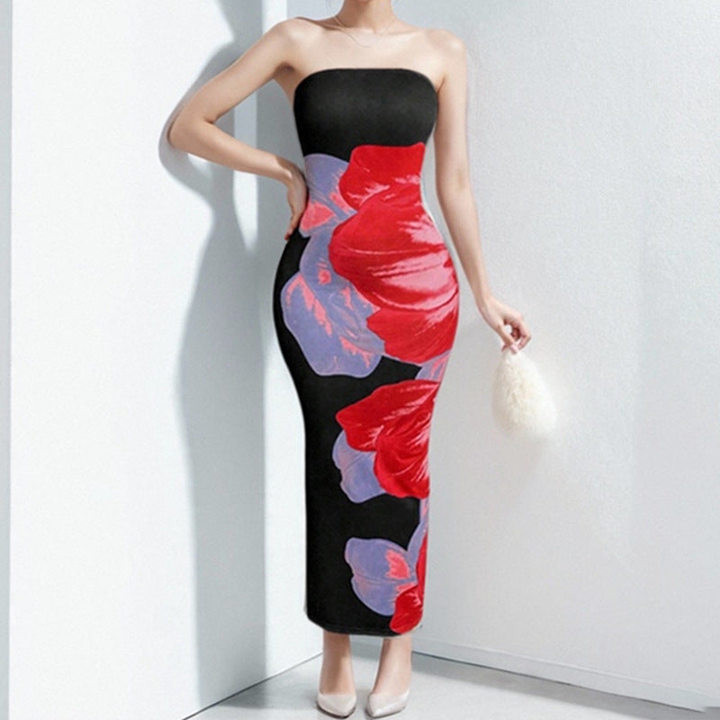 cross-border european and american women's clothing: new women's summer slim-fit elegant fashion floral bandeau print dress