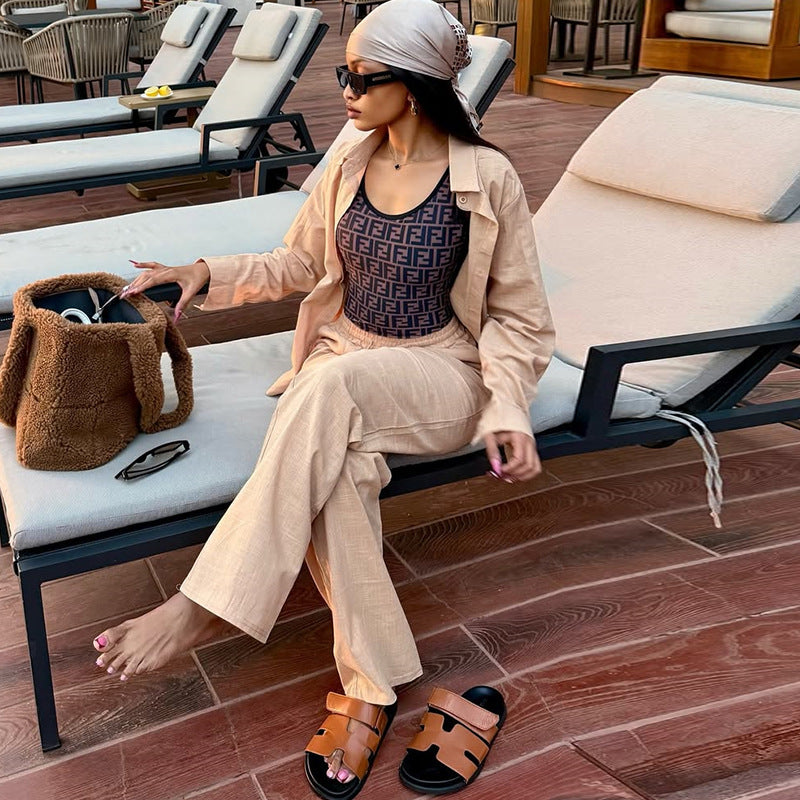 European and american cross-border women's fashion  autumn new collection: solid color turn-down collar loose long-sleeve shirt and high-waisted trousers casual set