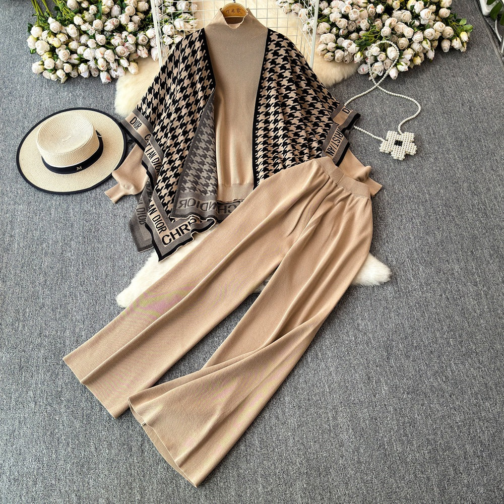 Korean chic fashion set: women's long-sleeve knit top & jacket + high-waisted slimming wide-leg straight pants - 3-piece outfit