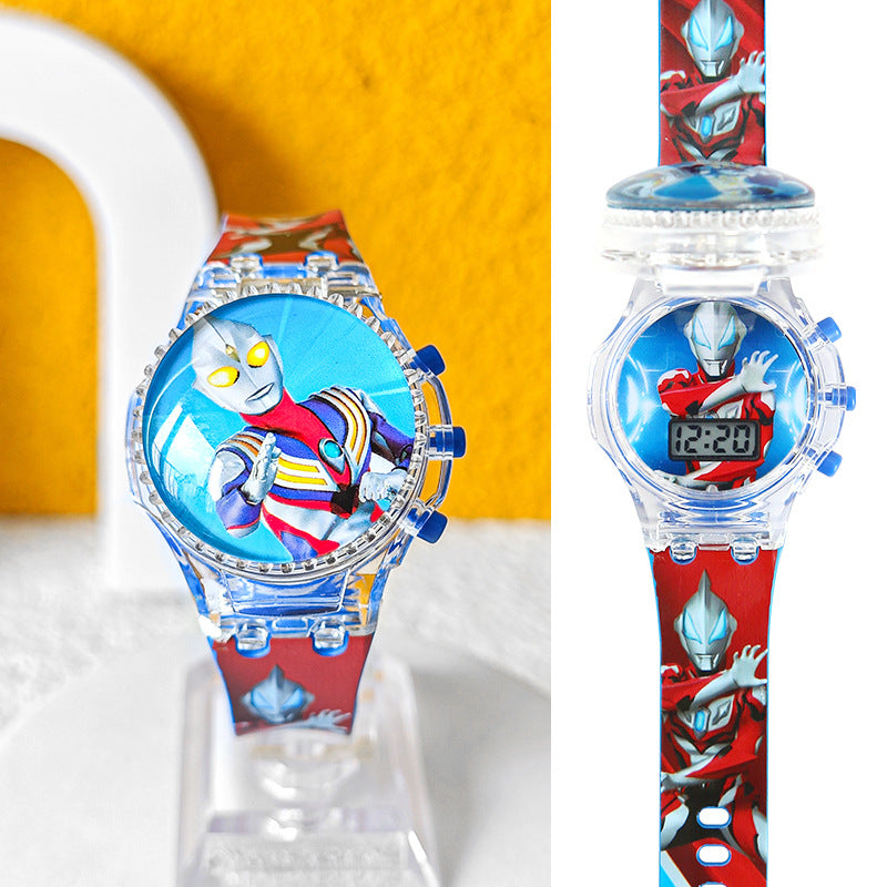 Kids' cartoon flip watch - ultraman hero spinning top, light-up musical electronic watch gift for boys and girls