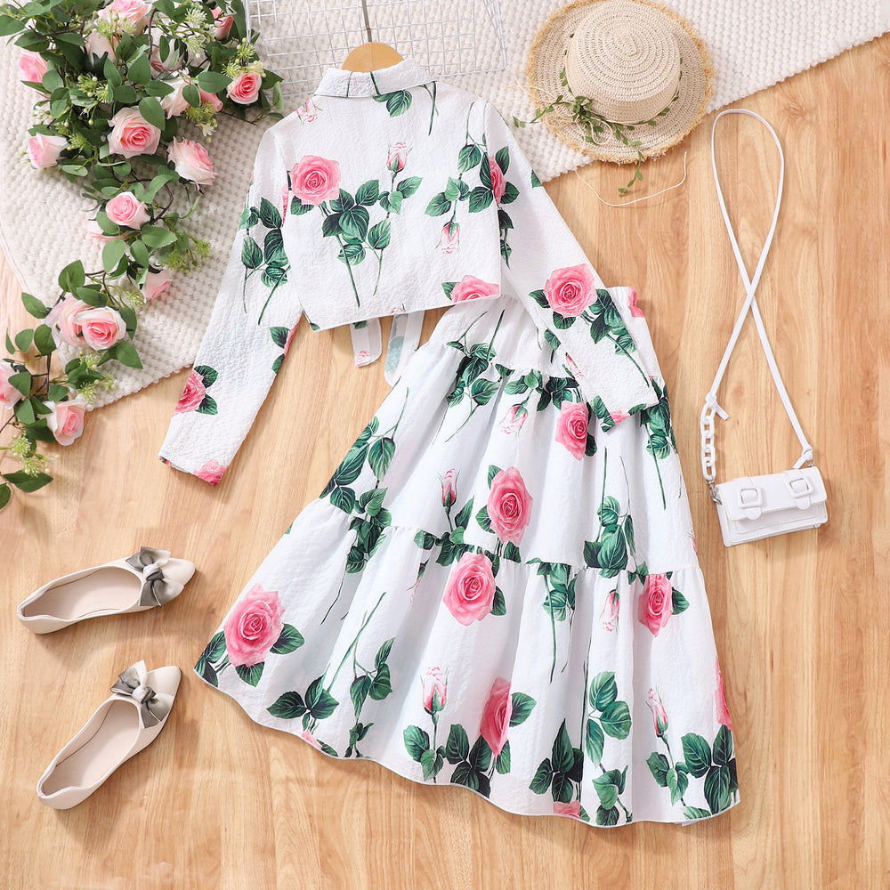 Girls' two-piece set for mid-to-large children: floral long-sleeve dress with collar