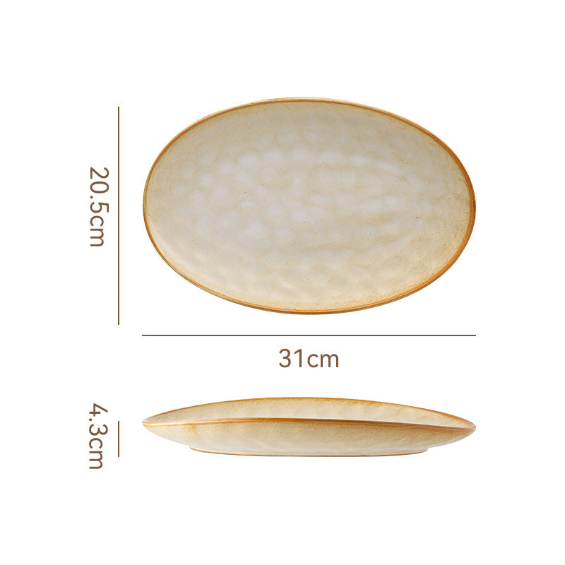 Retro stoneware oval ceramic long plate restaurant for home large capacity stylish fish plate sushi pastry dessert plate
