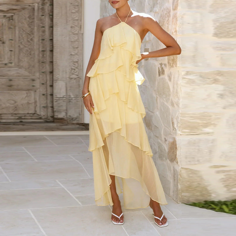 european and american export women's clothing: new summer elegant halter neck ruffle solid color vacation style maxi dress