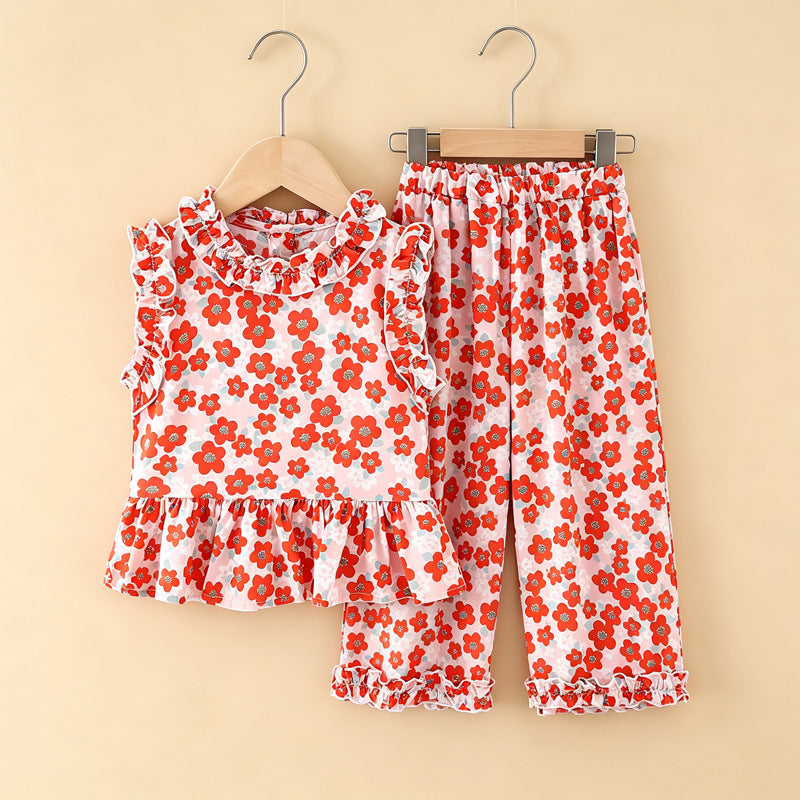 Girls' rayon outerwear set - cartoon print, loungewear, loose fit, breathable, cute summer lightweight lace pajamas