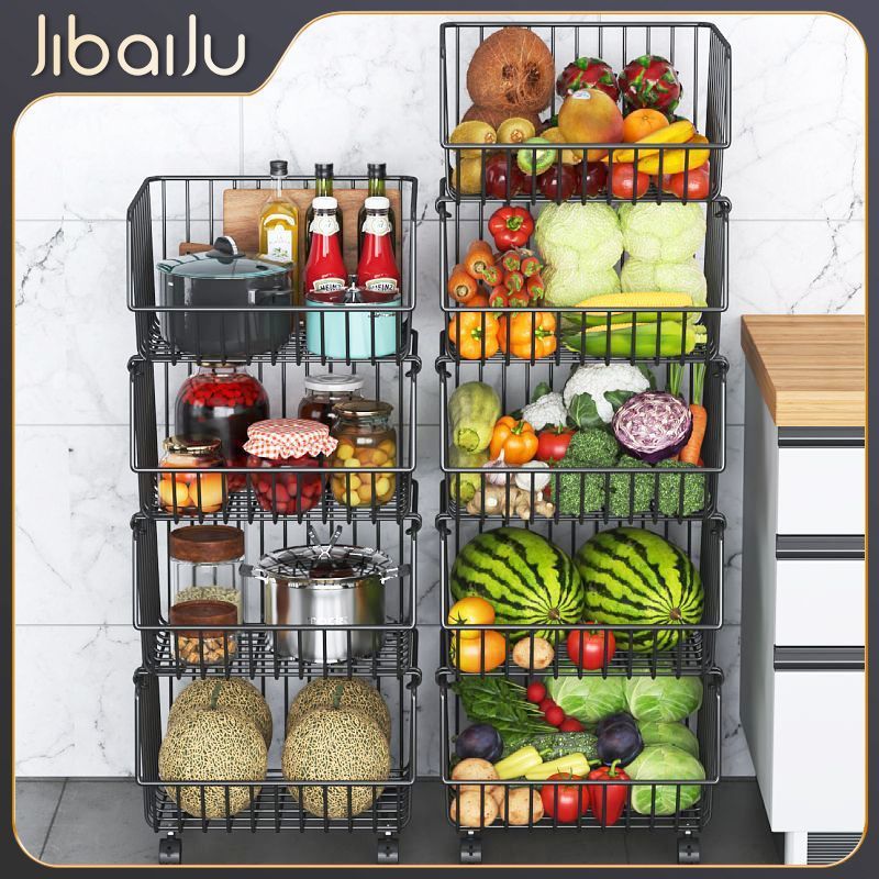 Kitchen basket storage rack, freestanding multi-tier fruit and vegetable organizer, multi-functional oven and microwave rack, pot and pan shelf
