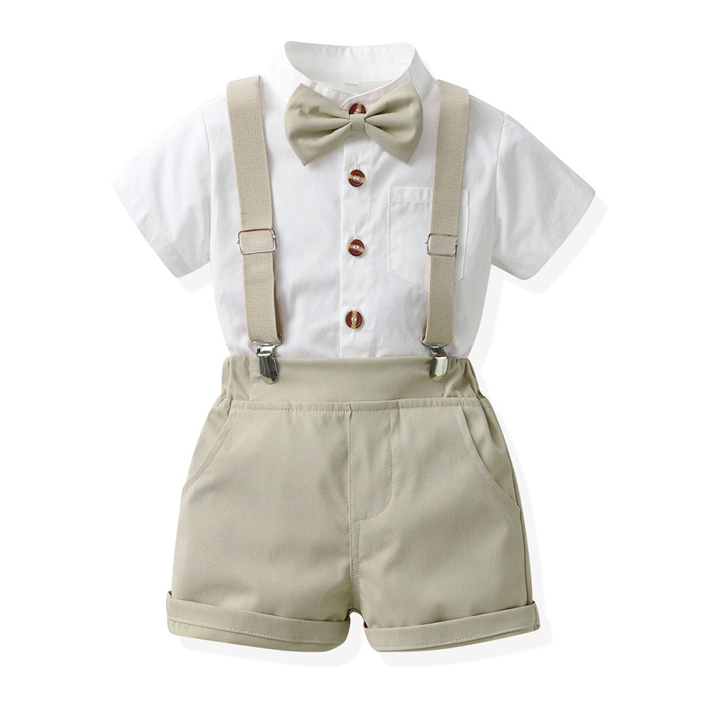 Boys' summer short-sleeve overalls set: cotton white shirt birthday performance outfit, korean style kids' clothing