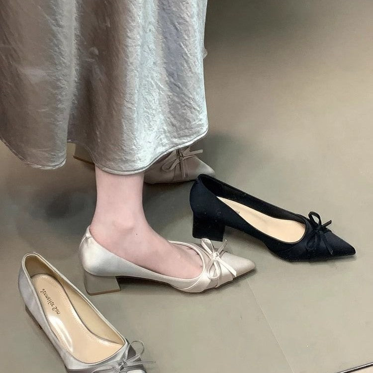 Bowknot single shoes for women, new autumn/winter 2025 collection, satin chunky heel, slip-on low heel pointed toe pumps