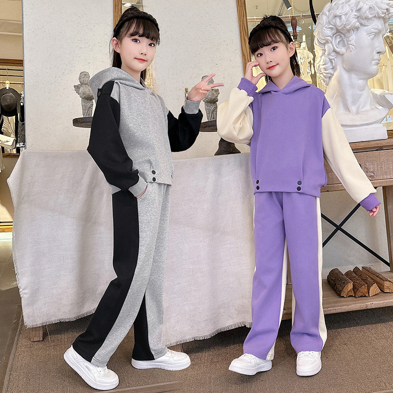 Girls' spring/autumn outfit set,  new korean style, trendy hooded sweatshirt and casual two-piece set for mid-to-large children