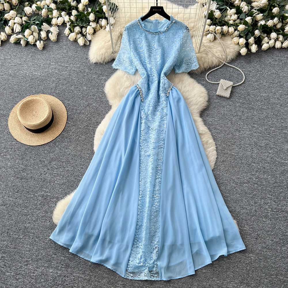 French style lace embroidery a-line dress - women's summer short sleeve high waist slimming elegant maxi dress