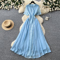 French style lace embroidery a-line dress - women's summer short sleeve high waist slimming elegant maxi dress