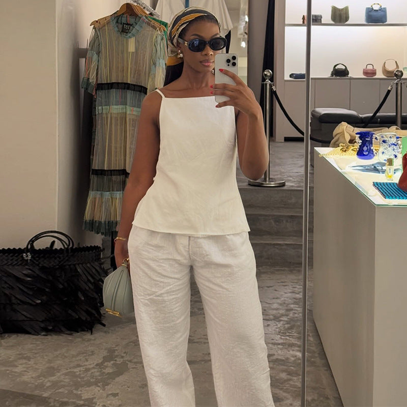 European and american cross-border women's fashion:  summer new collection - stylish white camisole top and wide-leg pants casual set