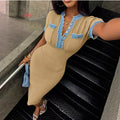French chic color block metallic buckle crew neck long sleeve knit dress - women's sweater maxi dress