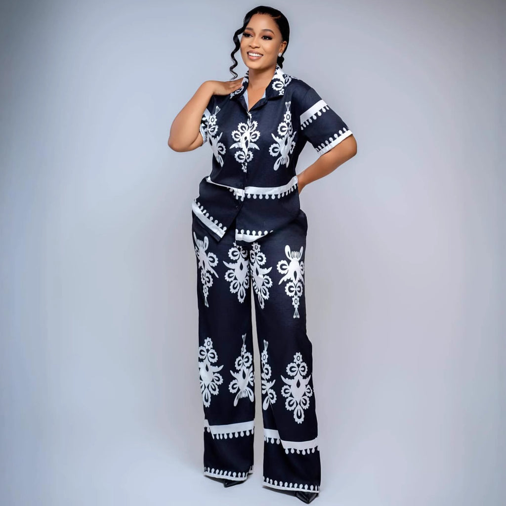 European and American large-size women's clothing short-sleeved lapel positioning printed cardigan shirt African loose foreign style high waist trousers set
