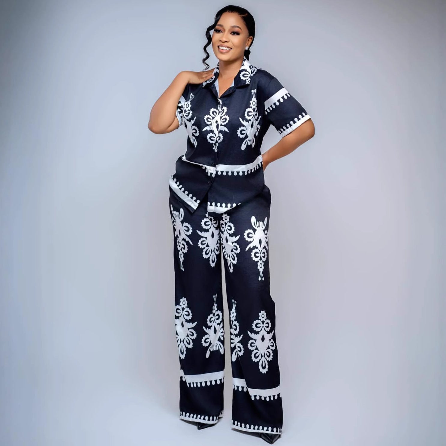 European and American large-size women's clothing short-sleeved lapel positioning printed cardigan shirt African loose foreign style high waist trousers set