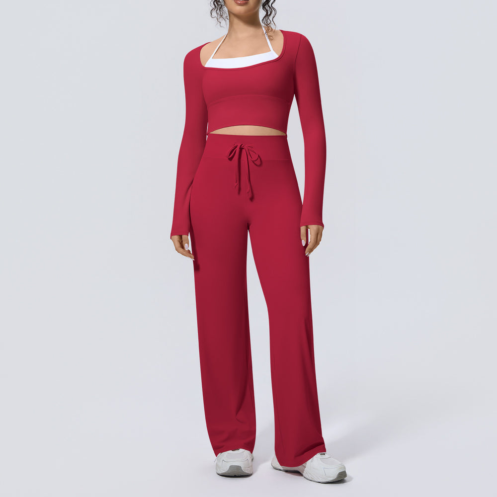 Naked feel quick-drying tight-fitting yoga clothes fake two-piece with chest pad sports long sleeves drawstring wide-leg running fitness suit for women