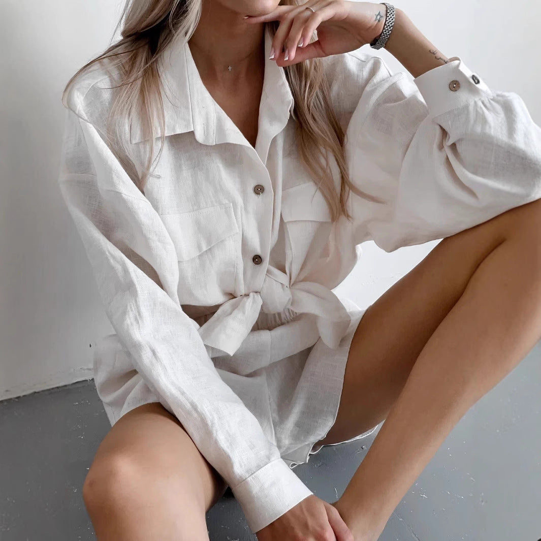 European and American new cardigan shorts set casual long-sleeved top elastic waist shorts two-piece set fashionable women's set