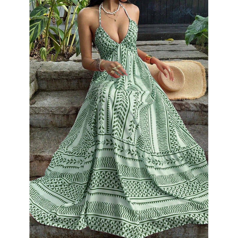 Amazon  summer new arrival: printed beach vacation style v-neck halter backless tie-up dress for women