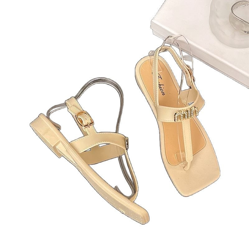 2025 new women's flat sandals: roman-style square toe, fashionable, versatile, outdoor wear, non-slip, all-season