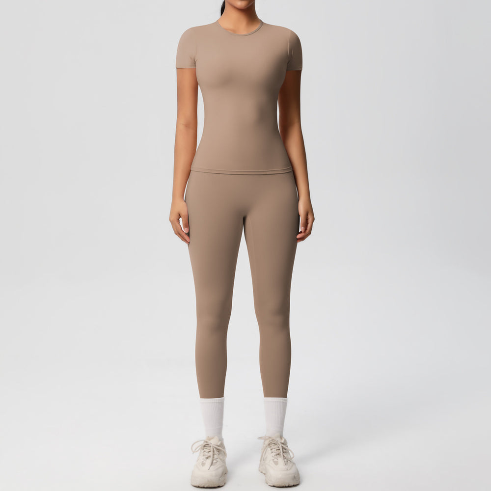 Ready-to-ship, solid color, double-sided brushed, breathable, form-fitting, two-piece activewear set for fitness, running, and yoga
