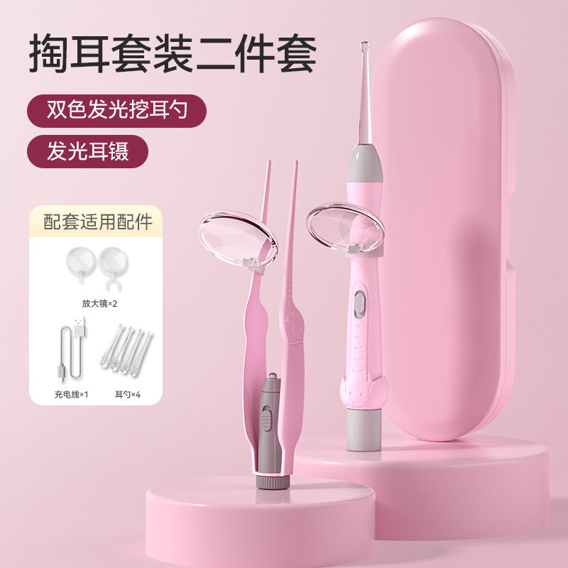 New arrival luminous ear scoop baby with light rechargeable ear scoop set kids adult tweezers ear picking earwax ear