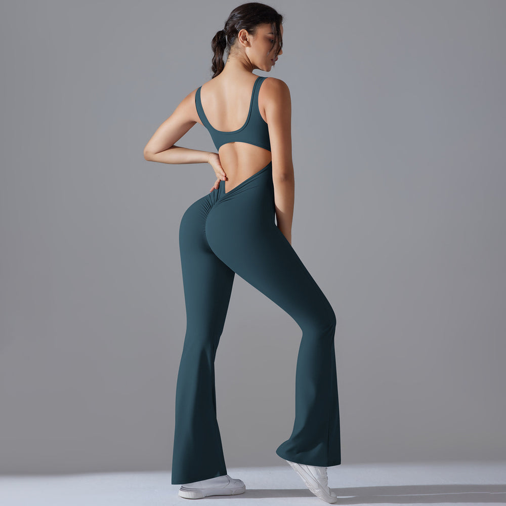 New arrival cross-border pure color beautiful back hip lifting longsilm wide leg jumpsuit sports running fitness jumpsuit yoga wear