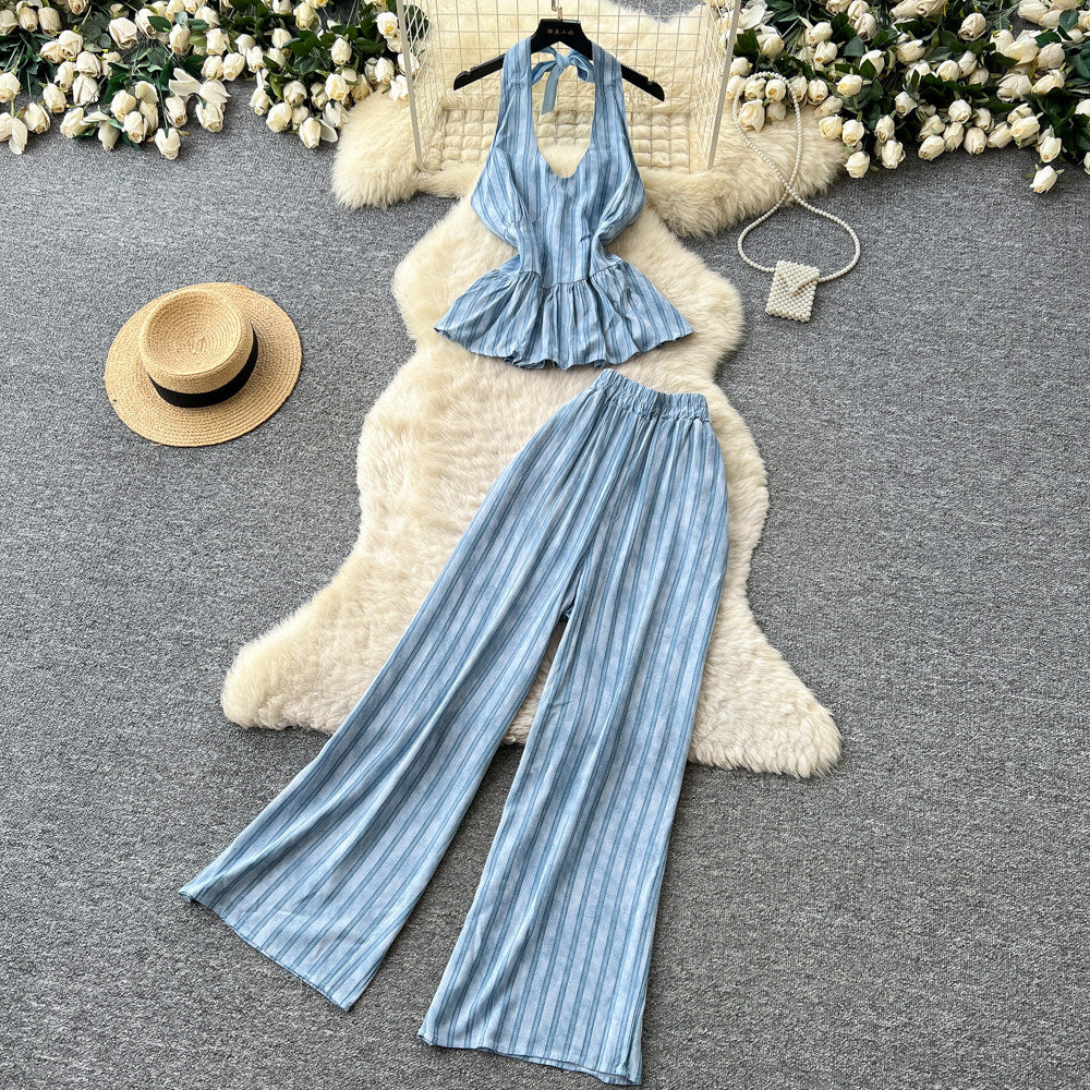 Vacation style halter strap vest high waistloose pantstwo-piece set women's summer silm style atmosphere fashionsuit