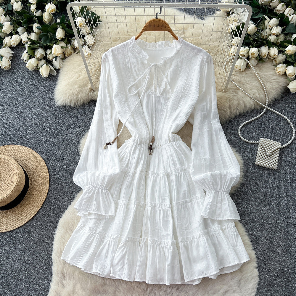 Korean style white lantern sleeve slim-fit dress - women's spring/autumn ruffle trim tie-waist a-line dress