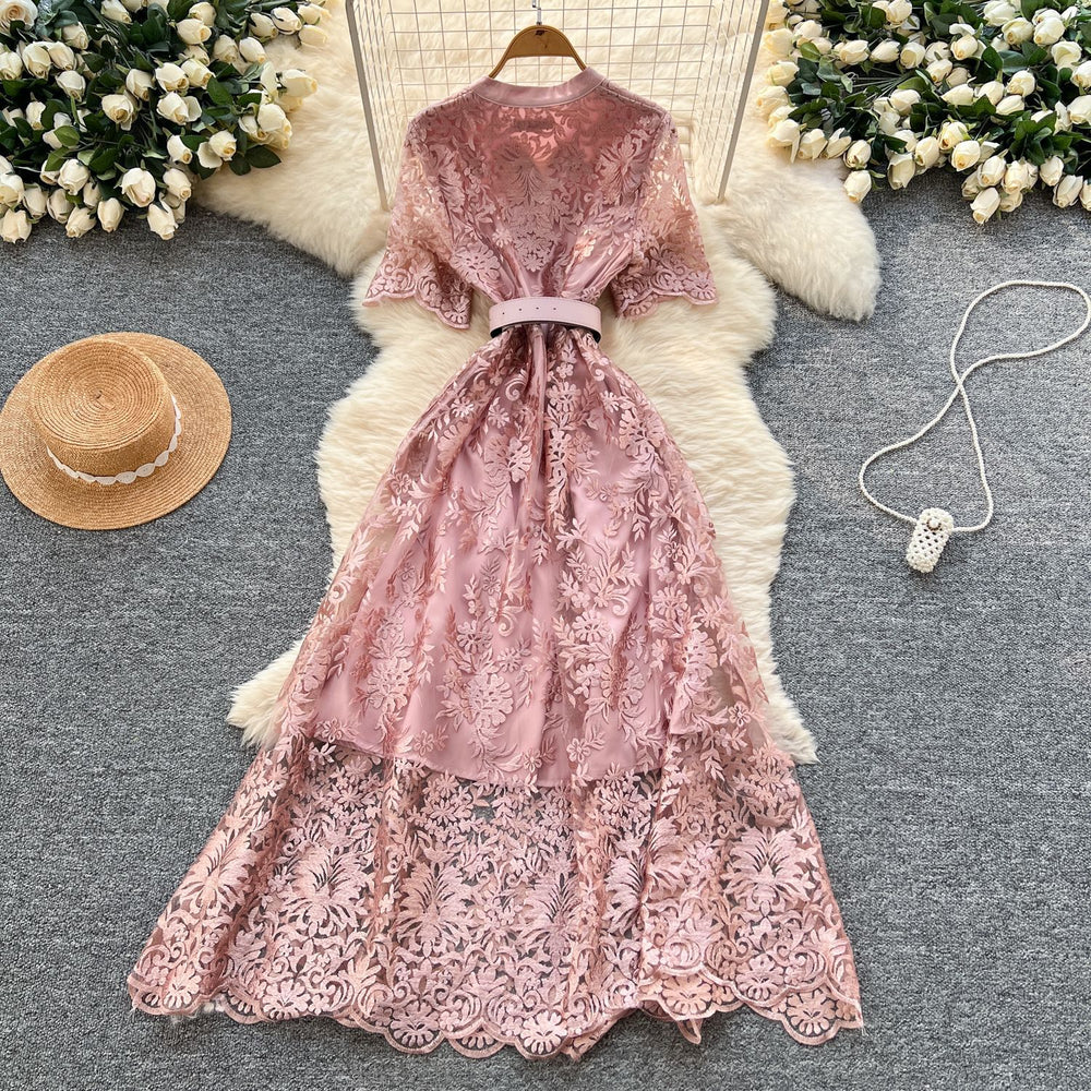 French chic high-end v-neck short sleeve lace waist dress - women's summer slimming elegant maxi dress
