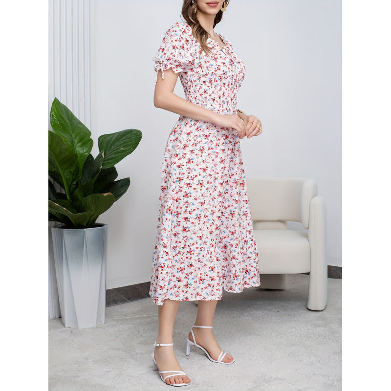 listing: new  women's original elegant ruffle tie-back printed dress