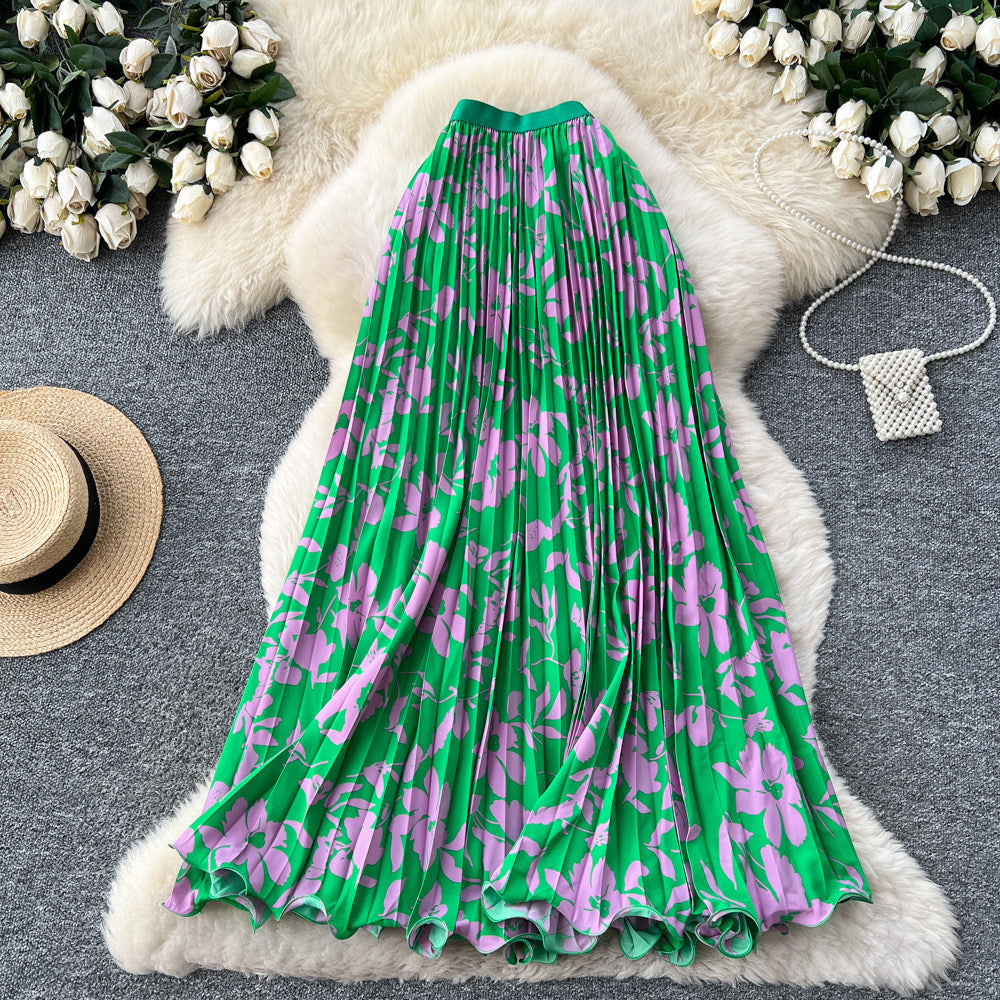 French chic printed high-waisted slimming a-line pleated midi skirt - perfect for vacation or work