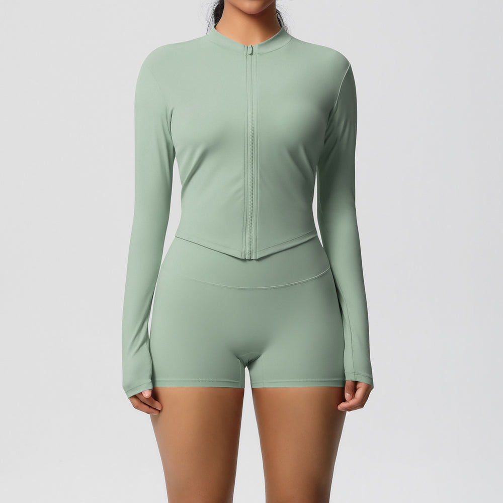 Ready-to-ship cross-border double-sided brushed solid color fitted zip-up jacket yoga set workout running fitness set for women
